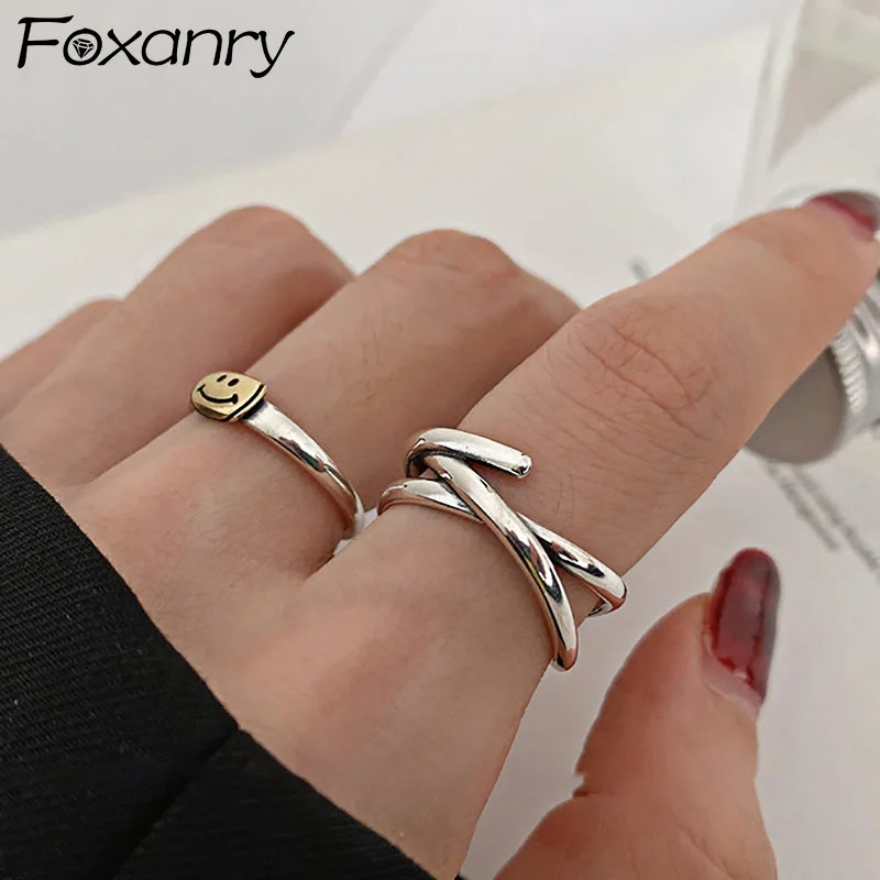 

Evimi Minimalist 925 Silver Color Smiley Face Rings for Women Creative Fashion Multilayer Geometric Bride Jewelry Gifts