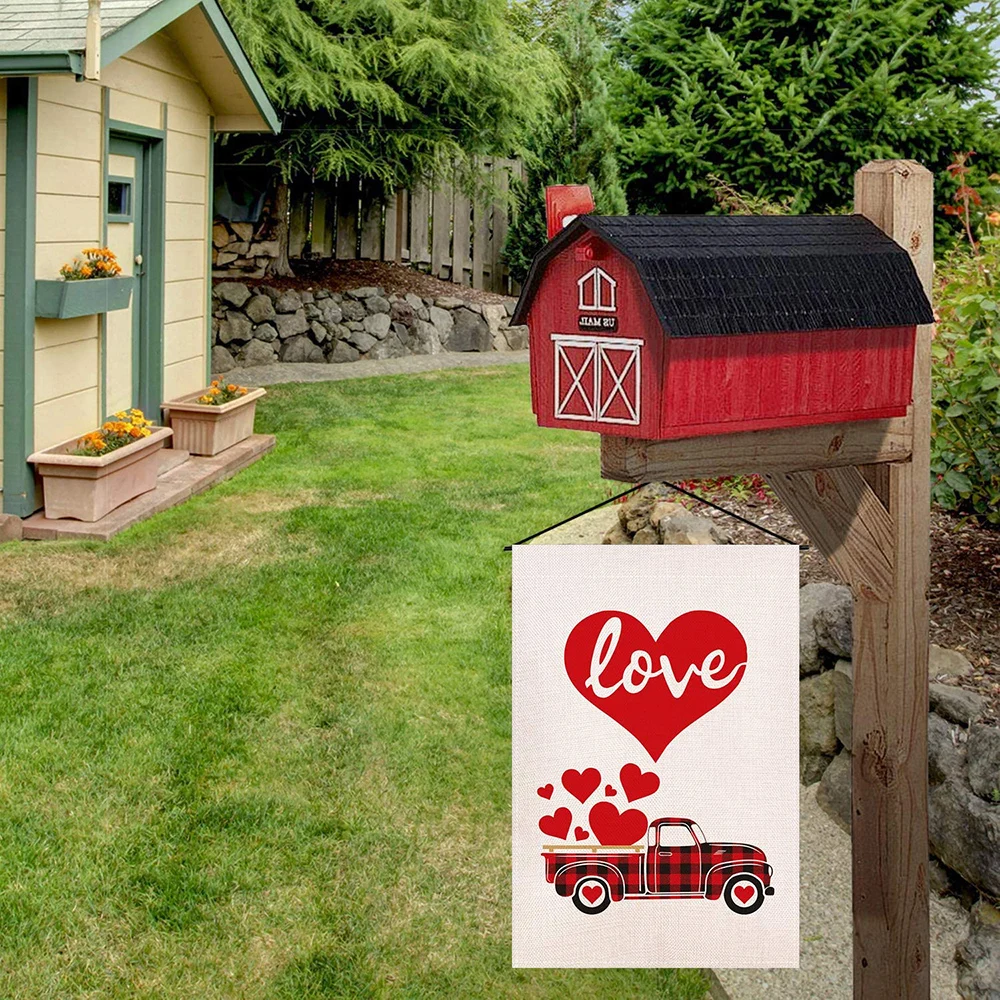 

New Garden Flag for Valentine's Day Double Sided Buffalo Plaid Red Truck with Love Heart Burlap Yard Flag 12.5 x 18 Inch