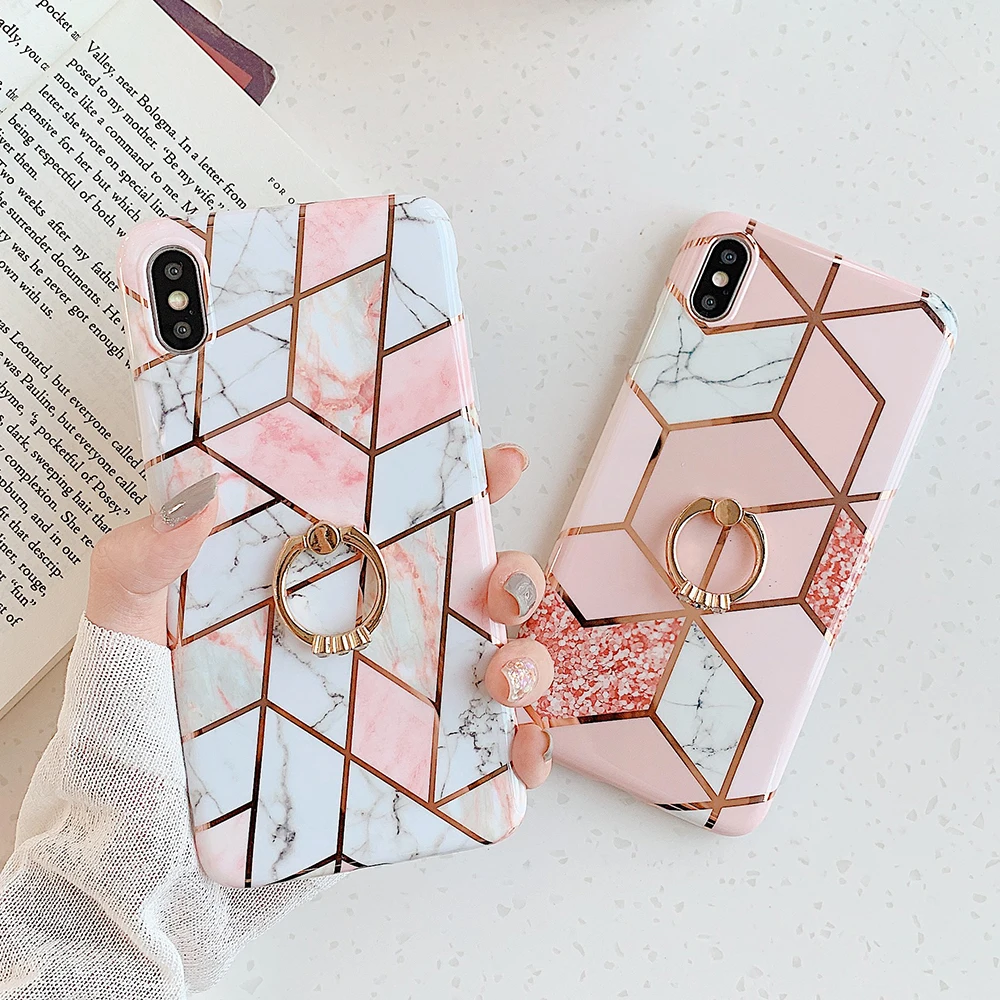 lovecom plating geometric marble phone case for huawei p40 pro p30 lite p20 lite pro with finger ring soft imd back cover gift free global shipping