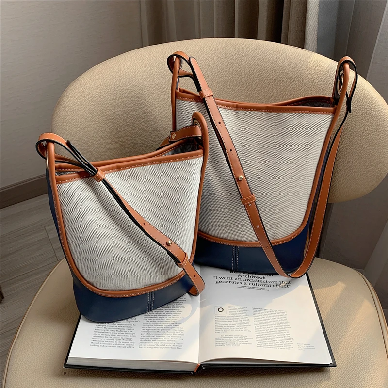 

Color Contrast Canvas Bucket Hobo Shoulder Bags For Women Designer Handbags High Quality Casual Big Capacity Crossbody Bags 2021
