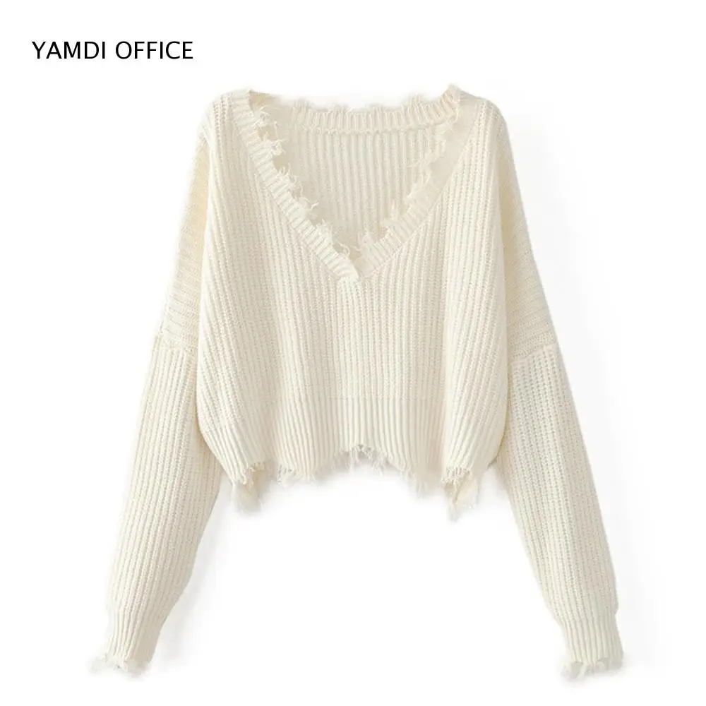 YAMDI 2019 NEW women tassel sweater autumn winter solid orange white black sweaters cropped jumpers v neck sexy knitted pullover | Женская