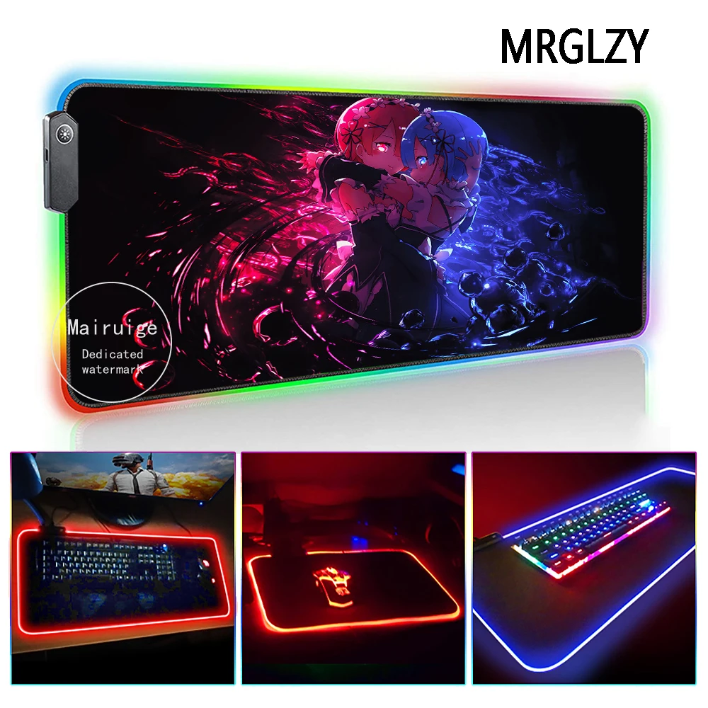 

MRGLZY XXL LED Light RGB Gamer Gaming Accessories Large Anime Sexy Blue Short Hair Girl RemMouse Pad DeskMat for Laptop Keyboard