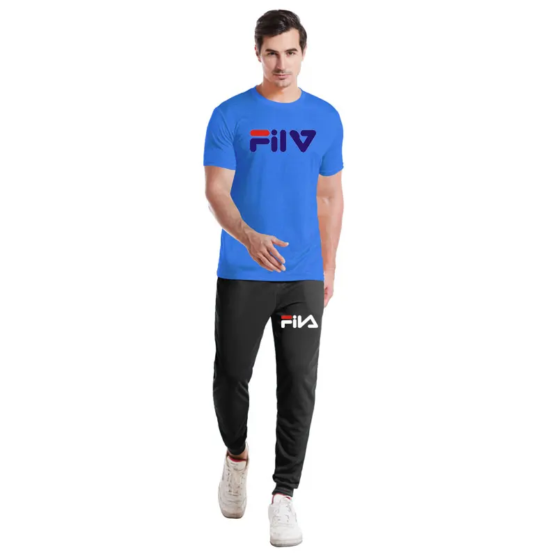 

Summer Europe And America Men Casual Sweat Suit Pure Color Round Collar Breathable Trousers With Short Sleeves Two-piece Set