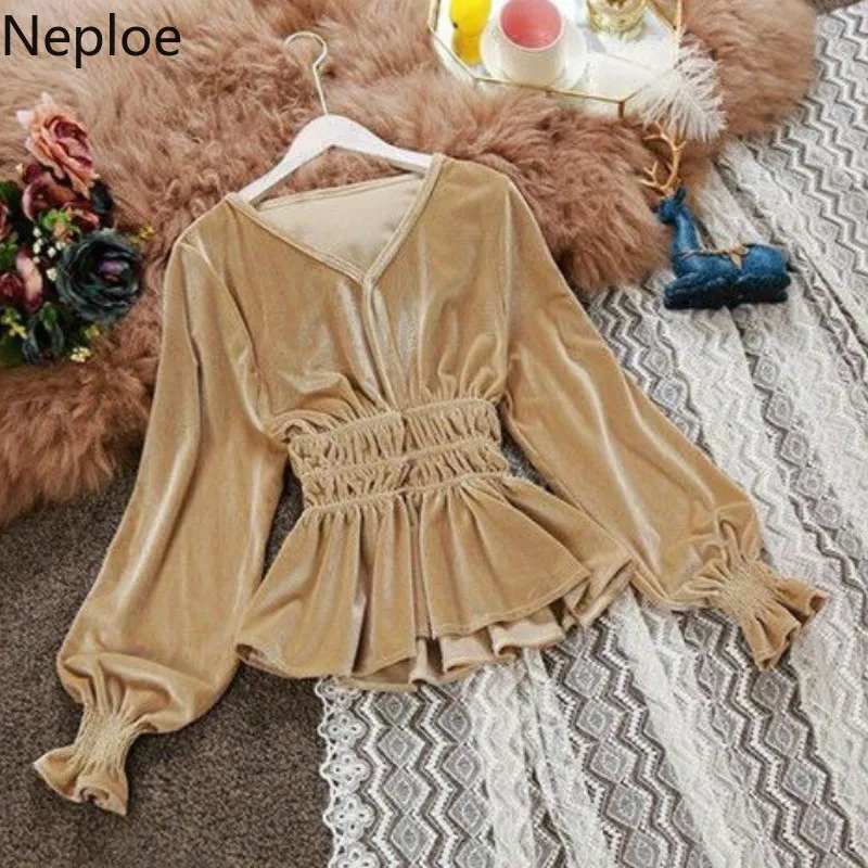 Neploe/шикарная короткая блузка с v-образным вырезом и оборками, Женская однотонная блуза с длинными рукавами и плиссировкой, осенняя яркая шелковая рубашка, топ 46937