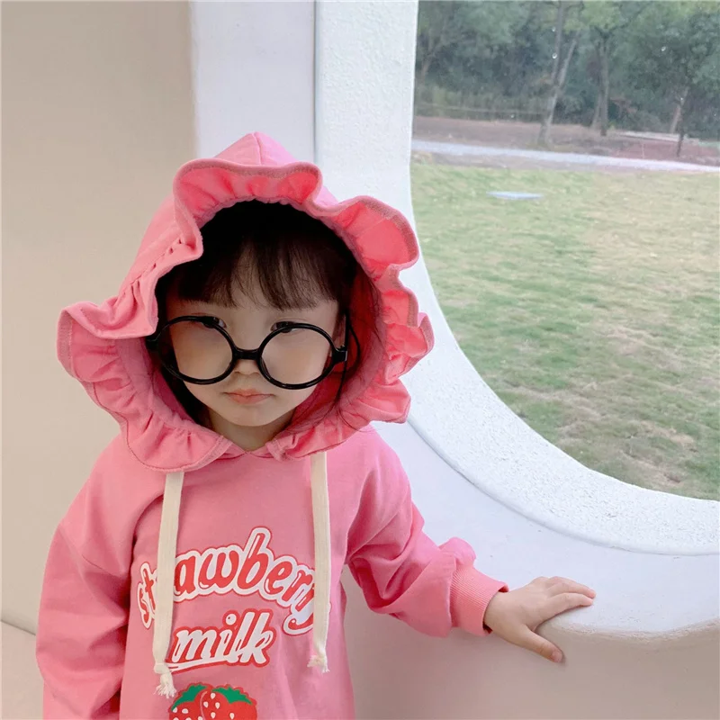 

Spring Cute Strawberry Printing Hooded Sweatshirt Dress For Girls Cotton Casual Long Sleeve MId-length Tops For Kids Girl