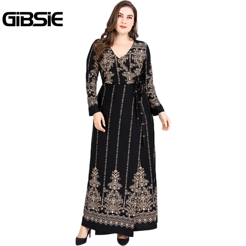 

GIBSIE Surplice Neck Tie Side Abaya Muslim Dress Plus Size 6xl 5xl 4xl Women Autumn Winter Long Sleeve Print Maxi Dresses