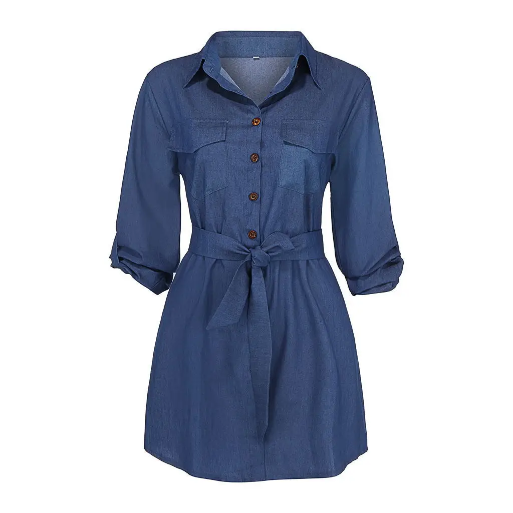 

Women's Dress 2021 Summer Solid Color Lapel Long Sleeve Button Bow Tie Denim Skirt Dress Ruffle A-line Mini Dress Summer Robe