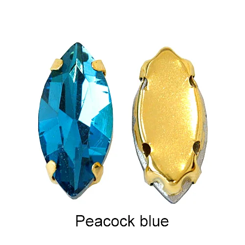 Peacock Blue Конский глаз Разноцветные Хрустальные пришитые Стразы Navette много размеров стразы для шитья с золотыми когтями для свадебного платья E7073 - Цвет: Peacock Blue