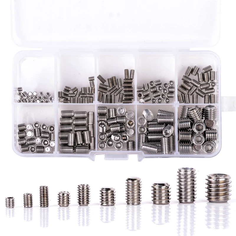 

Promotion! 200Pcs 304 Stainless Steel Grub Screws Hex Socket Screw Assortment Kit Set M3/M4/M5/M6/M8
