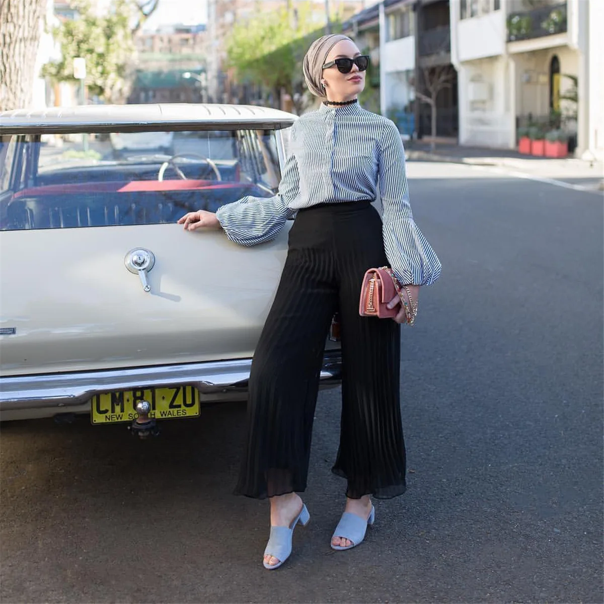 

2020 Summer Loose Chiffon Muslim Pants Women High Waist Pleated Wide Leg Pants Ankle-length Solid Color Dubai Turkish Trousers