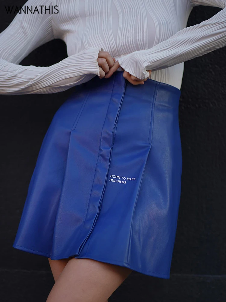 

WannaThis Faux PU Leather Skirt Women Letter Print Pleated Sexy Autumn 2021 High Waist Streetwear E Girl Hidden Breasted Skirts