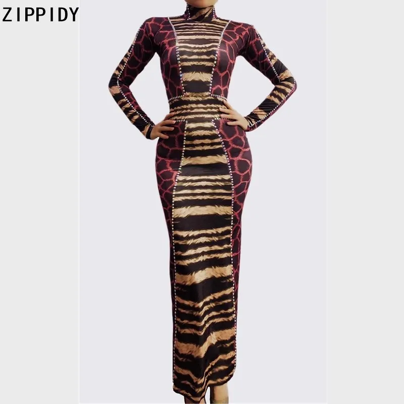 

Leopard Stripes Pattern Rhinestone Spandex Long Dress Birthday Celebrate Prom Wear Women Dancer Show Evening Club Dress