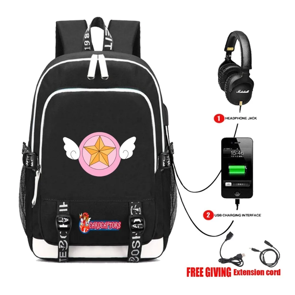 

Students bookbag Men travel shoulder bag with USB Charging Headphone jack Backpack for anime Card Captor Sakura backpack 6 style