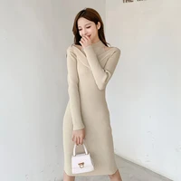 one piece korean ladies sexy off shoulder knitted sweater dress new autumn winter french elegant half high collar knitted dress