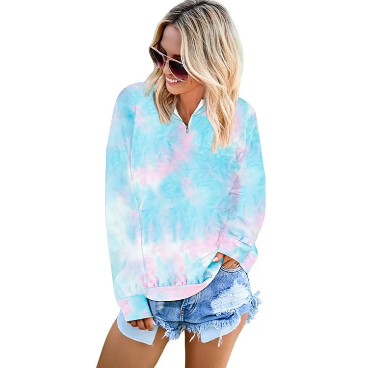 

Women's 2020 Tie-dyed Printed Zipper Collar Hoodies Women Shirt Long Sleeve Hoody Female Loose Sweatshirt