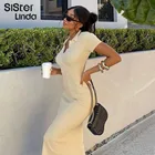 Женское трикотажное платье в рубчик Sisterlinda, длинное мягкое Бандажное платье с коротким рукавом и отложным воротником, с открытой спиной, с разрезом по бокам, на лето макси платье