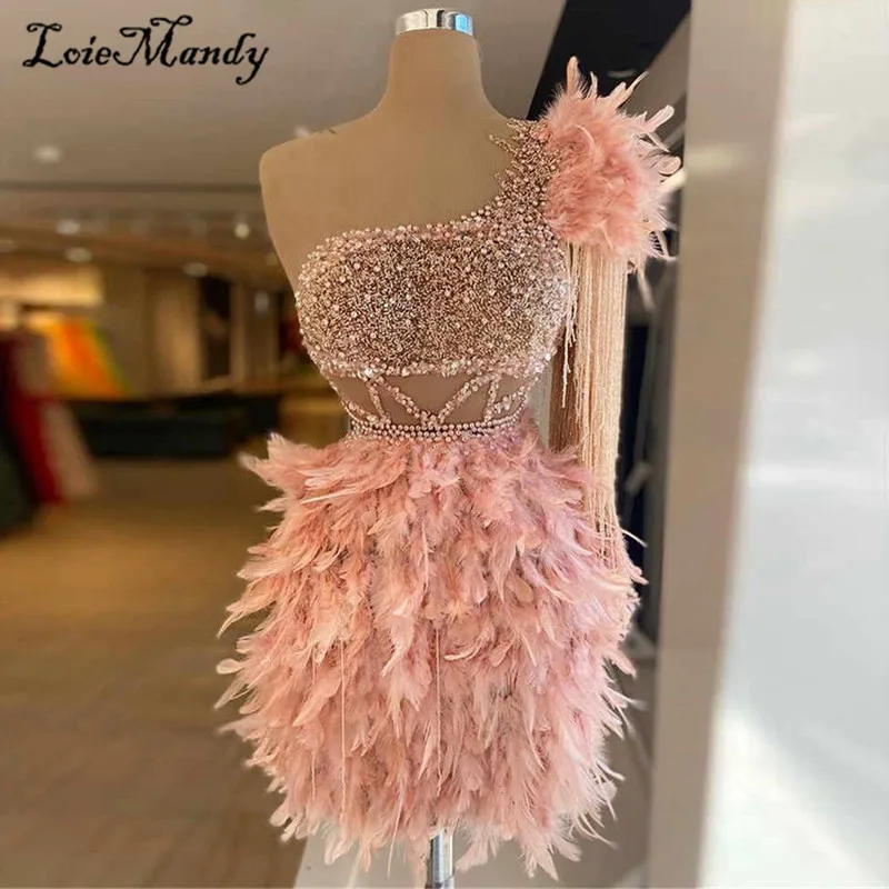 

Роскошные Короткие Выпускные платья с перьями, сексуальные розовые Коктейльные Вечерние платья с одним плечом, блестящие Выпускные платья ...