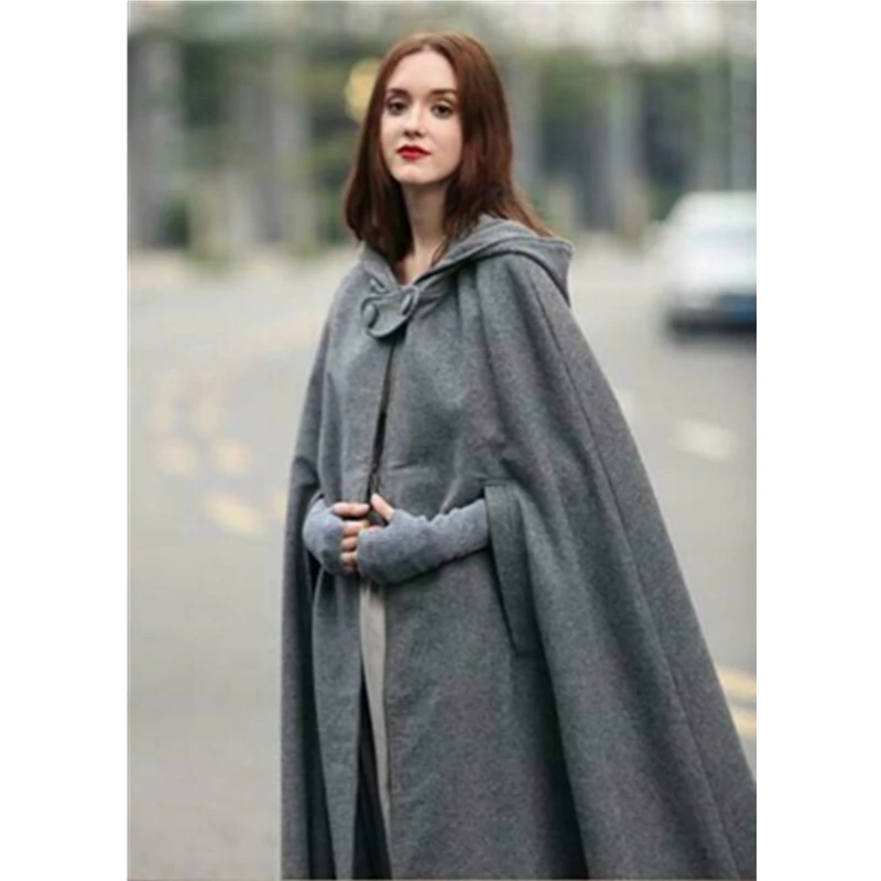 

Women's Winter New Vintage Warm Woolen Hoodie Cloak Coat Embroidered Drop-Shoulder Sleeve Wool Cape Outerwear