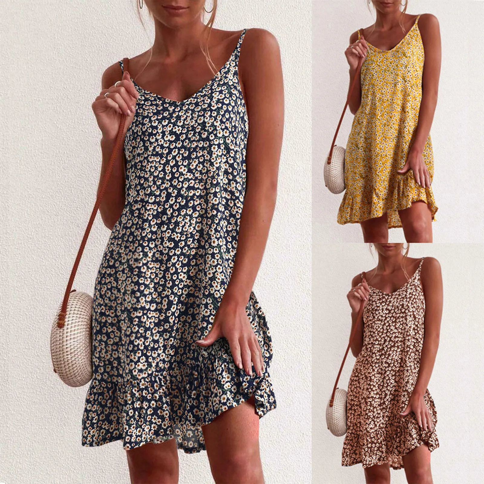 

Женское пляжное мини-платье на бретельках, Повседневное платье без рукавов с оборками и цветочным принтом и V-образным вырезом, лето 2021