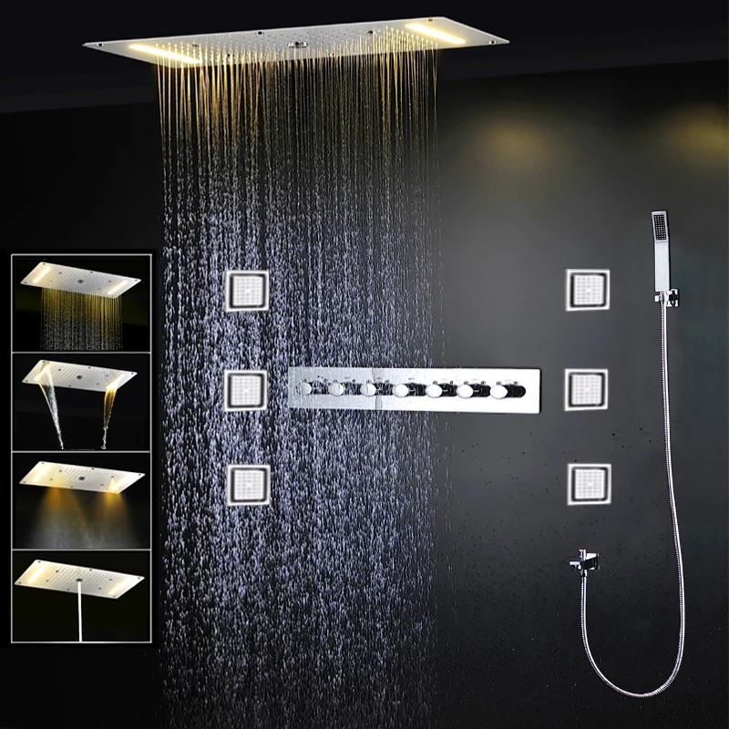 

Modern Ceiling LED Shower Set Luxury Waterfall Rainfall ShowerHead 380x700mm Thermostatic Faucets Mixer Massage Body Jet