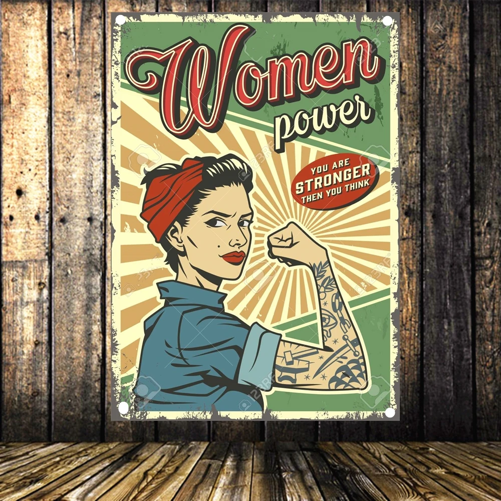 

Vintage woman power colorful poster Canvas Painting Flag Banner Tapestry with pin up strong pretty girl with tattoo on arm