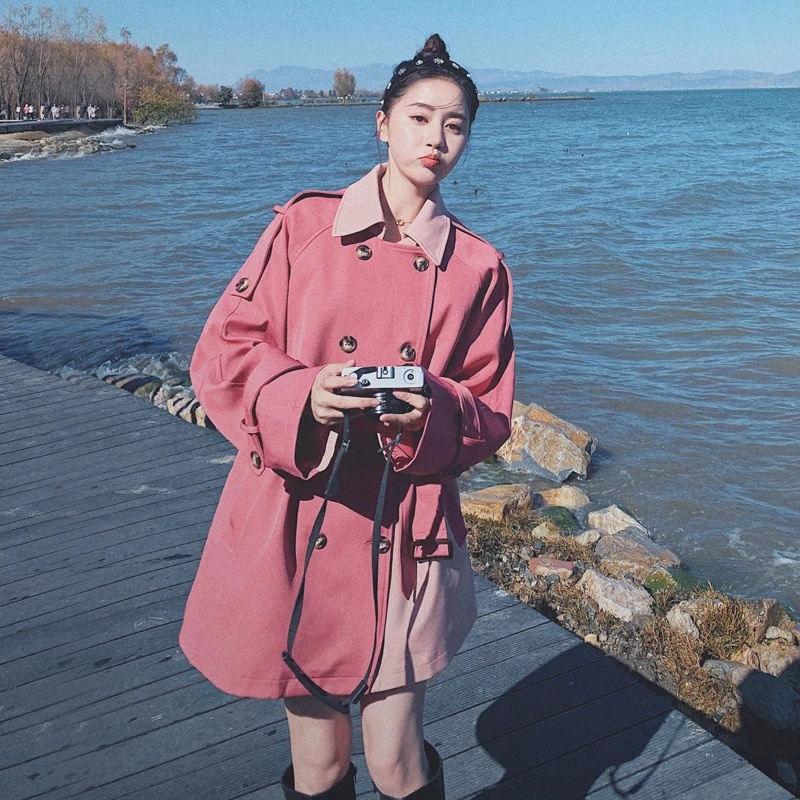 

Ветровка женская розовая с вышивкой, модный Свободный Тренч, повседневный качественный жакет для осени и весны, F1