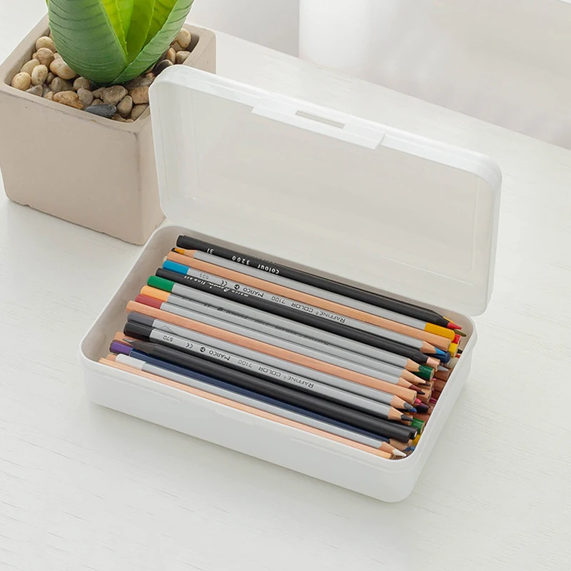 

Simple Pencil Case Clear Hard Large Capacity Makeup Brush Pen Storage Box Organizer for Office Students Snap Closure C66