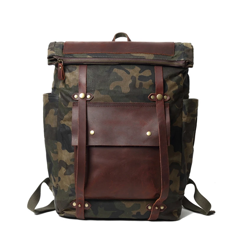 Canvas Laptop Backpack Genuine Leather Cover Vintage Travel Camping Mountaineering Outdoors Rucksack School Book Bag