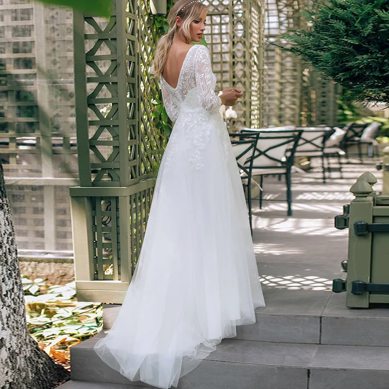 

Attractive Scoop See-through Bodice A-line Wedding Dress With Lace Appliques 3/4 Long Sleeves Bridal Dress Robe de Mairee