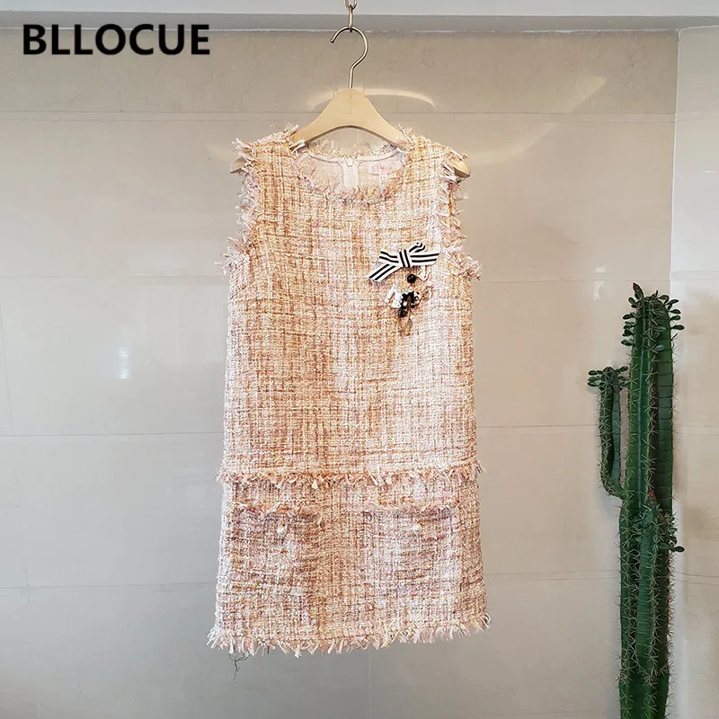 

BLLOCUE Designer Runway Women Tweed A-Line Dresses 2019 Autumn Winter Beading Appliques Wool Sleeveless Vest Pocket Mini Dress