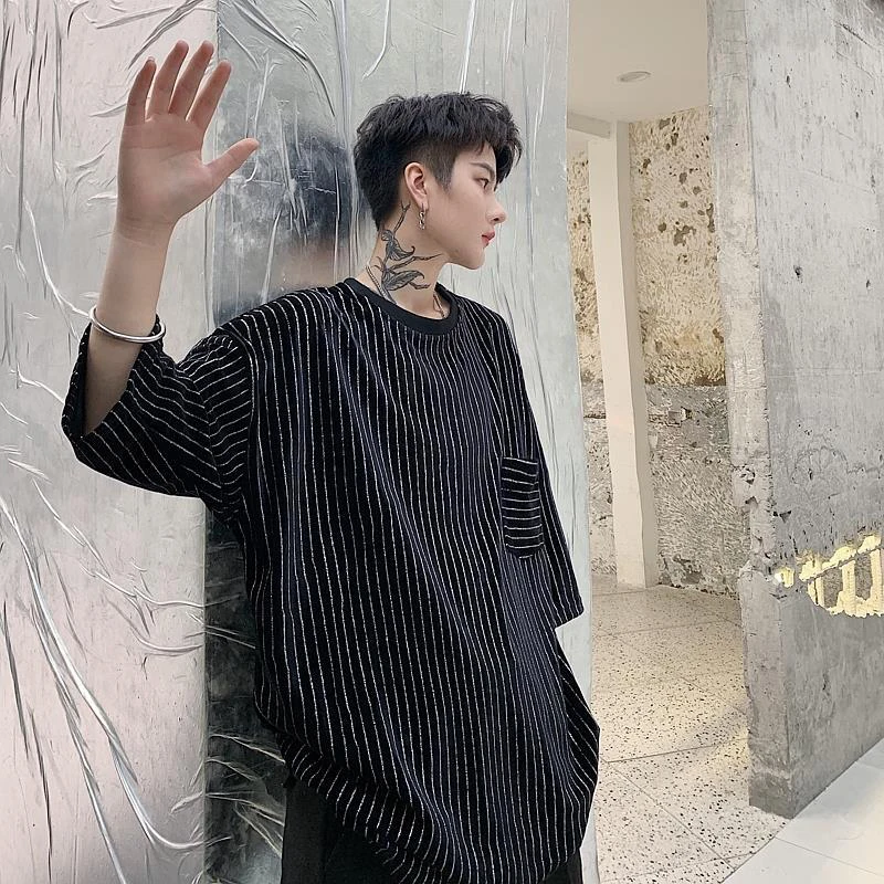 Футболка мужская бархатная с коротким рукавом модная тенниска принтом в полоску