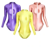 one piece plus size oily swimsuit women sexy tight glossy high fork long sleeve swimsuit solid color t shirt