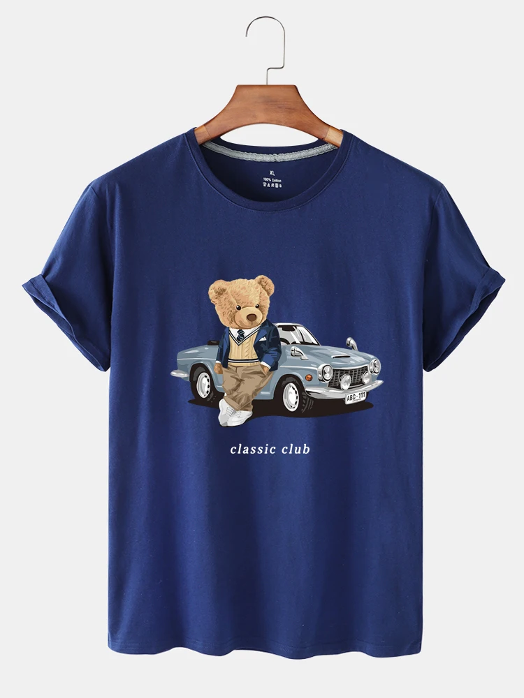 

KAIXIAZ Creative Personality Slim Cartoon Bear Car Pattern Printing Retro Fitness Short Sleeve Tshirt