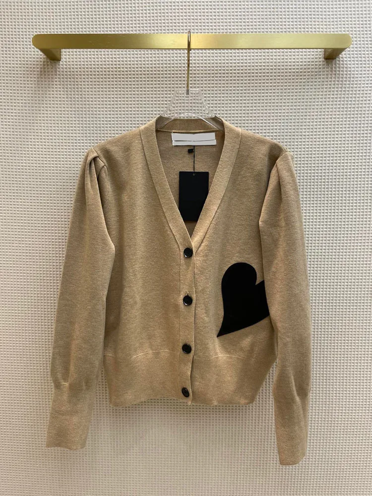 

High-end Brand Wool Cardigan Sweater for Women Fashion Hearts Applique Solid Cardigans Top Quality V-neck Cardigan Sweaters Lady