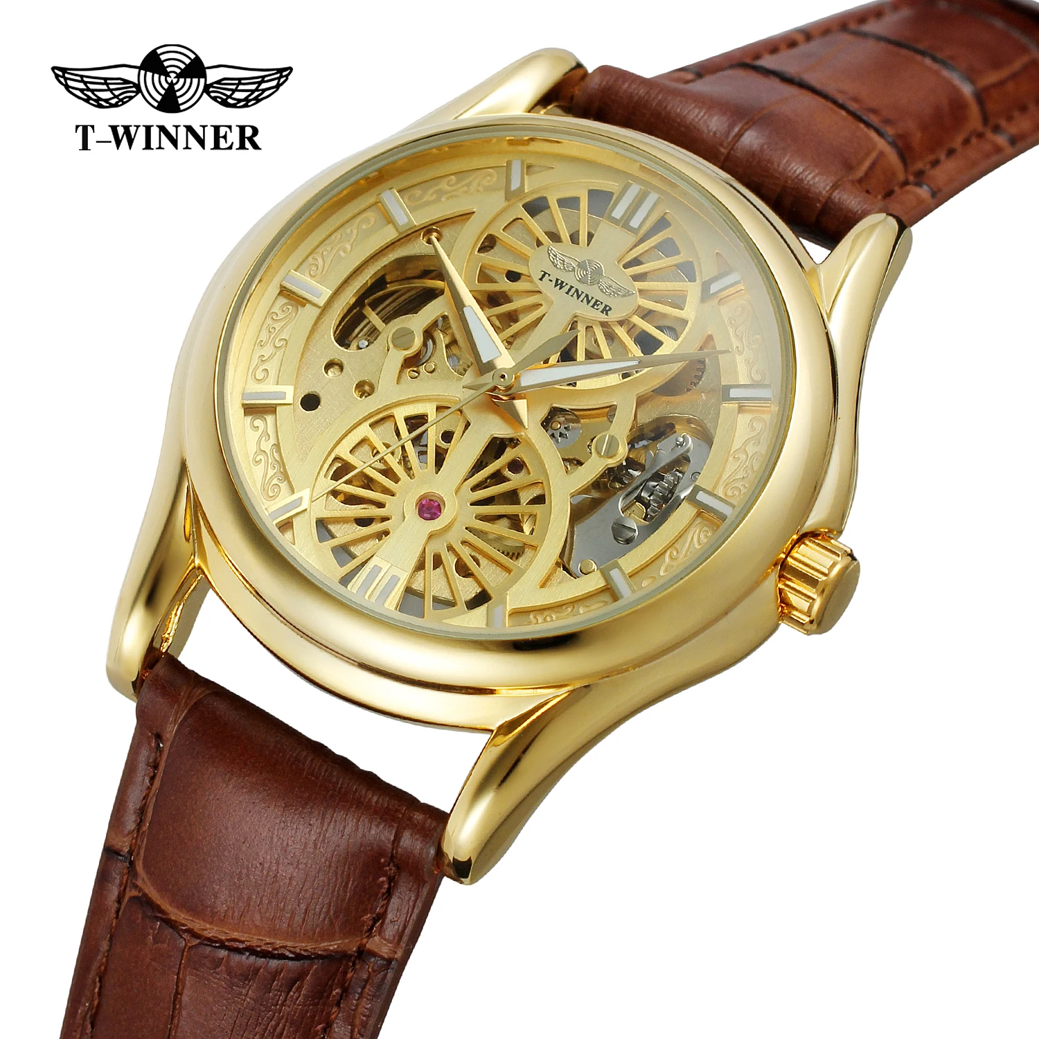 

Механические часы-скелетоны Winner мужские, спортивные роскошные золотистые наручные часы с автоматическим механизмом и кожаным ремешком