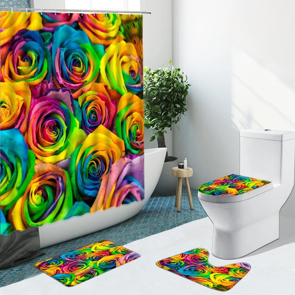 Goede Kleurrijke Rose Zonnebloem Geschilderd Bloem Badkamer Set Douchegordijn Stof Antislip Tapijten Flanel Wc Tapijt Decor Met Haken