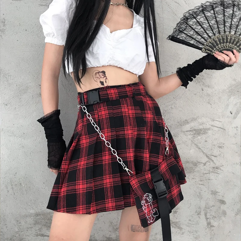 Harajuku Plaid Skirt Women Japanese Jk High Waist with Chain Pocket Mini Summer Streetwear Goth Punk Red Pleated Skirts | Женская одежда