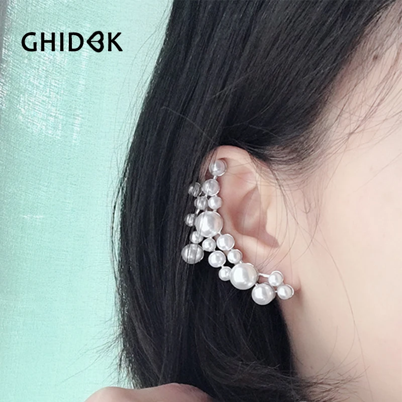 

GHIDBK Minimalist Dainty Faux Pearls Ear Climber Delicate Gold Fake Pearl Ear Cuff Bridal Earrings on Clips Wedding Jewelry Gift