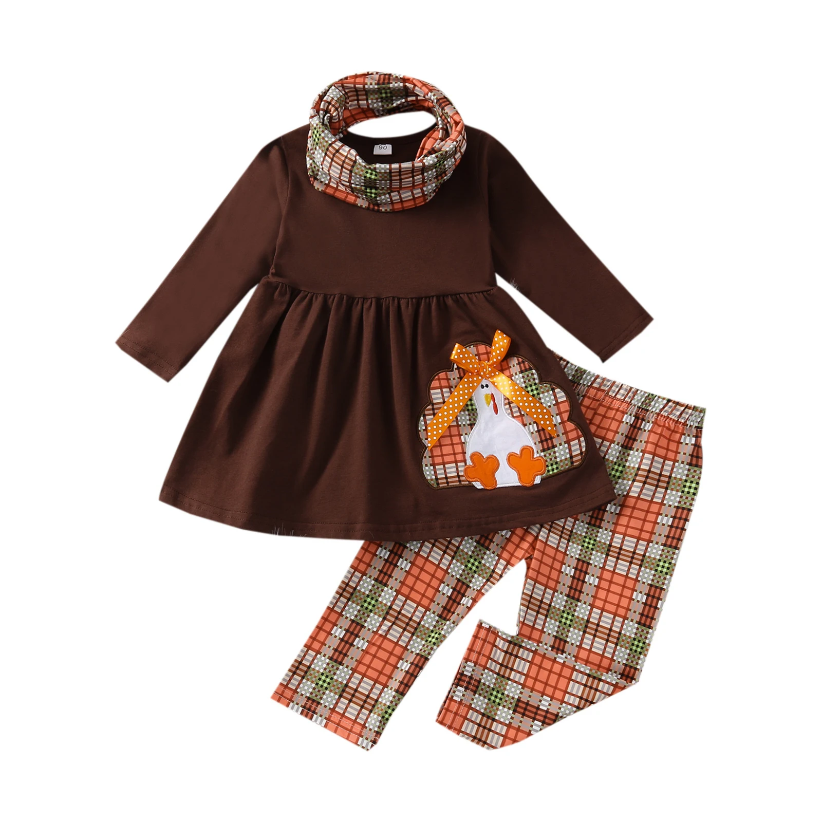 

Kids Long Pants Set, Long Sleeve Cartoon Sewing Dress Tops Elastic Waist Plaid Pants Scarf, Kids Clothing