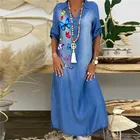 Женское джинсовое платье, повседневное весеннее синее платье макси с V-образным вырезом и полурукавом, 2021, длинные платья с разрезом, лето, 5XL, размера плюс
