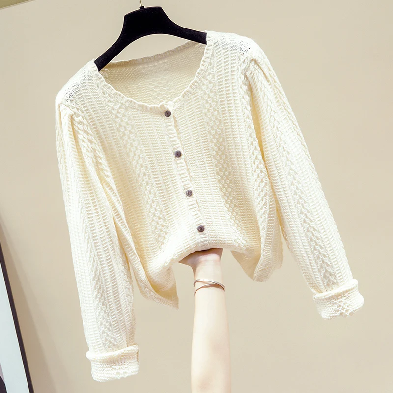 Женский трикотажный кардиган с круглым вырезом свободный белый длинным рукавом