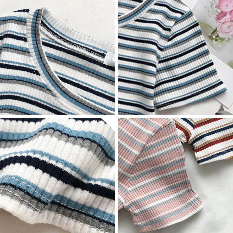 

Summer Stripe Slim Short Knitted T-Shirt Fashion O-Neck Short Sleeve Knitwear Tops Female Korean Style Clothing For Women