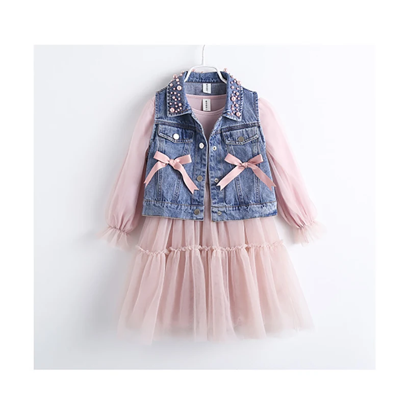 Комплект одежды для девочек джинсовый жилет с жемчугом розовое платье длинным