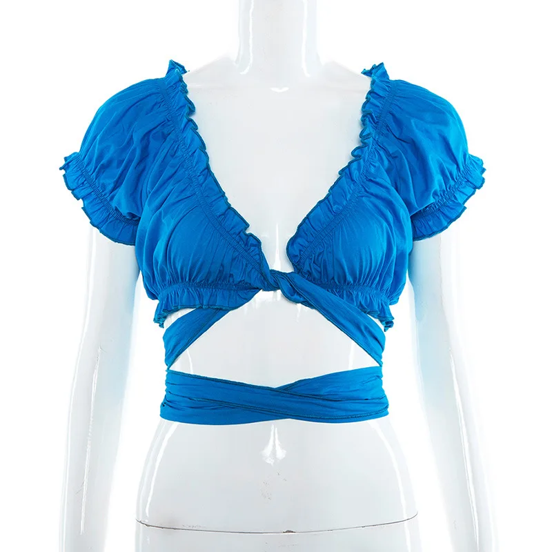 

Y2K EGIRL 2000s Vintage Ruffles Bandage Crop Tees Y2K Streetwear Deep V Short Sleeve Cut Out Blue T-shirts Harajuku E-girl Tops