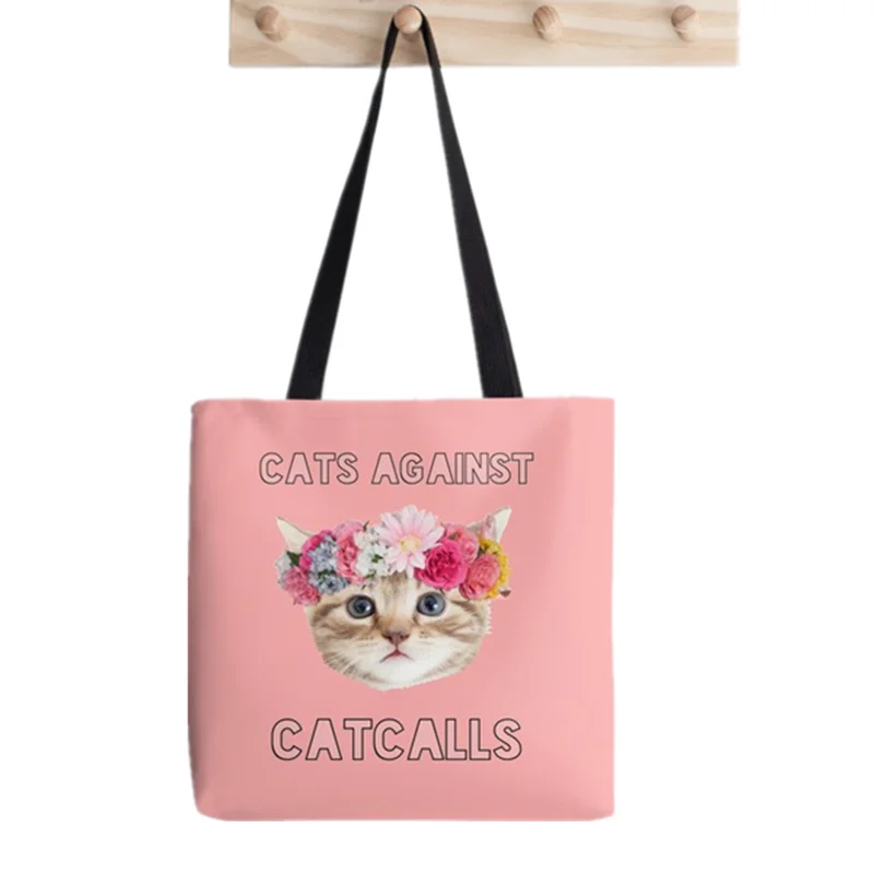 

2021 Shopper Cats Against Catcalls Printed Tote Bag women Harajuku shopper handbag girl Shoulder shopping bag Lady Canvas Bag