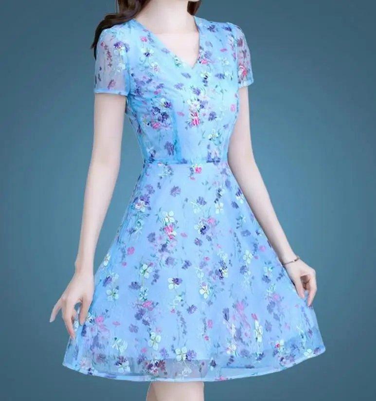 

2021 new lace mesh embroidery waist mesh dress short sleeve skirt