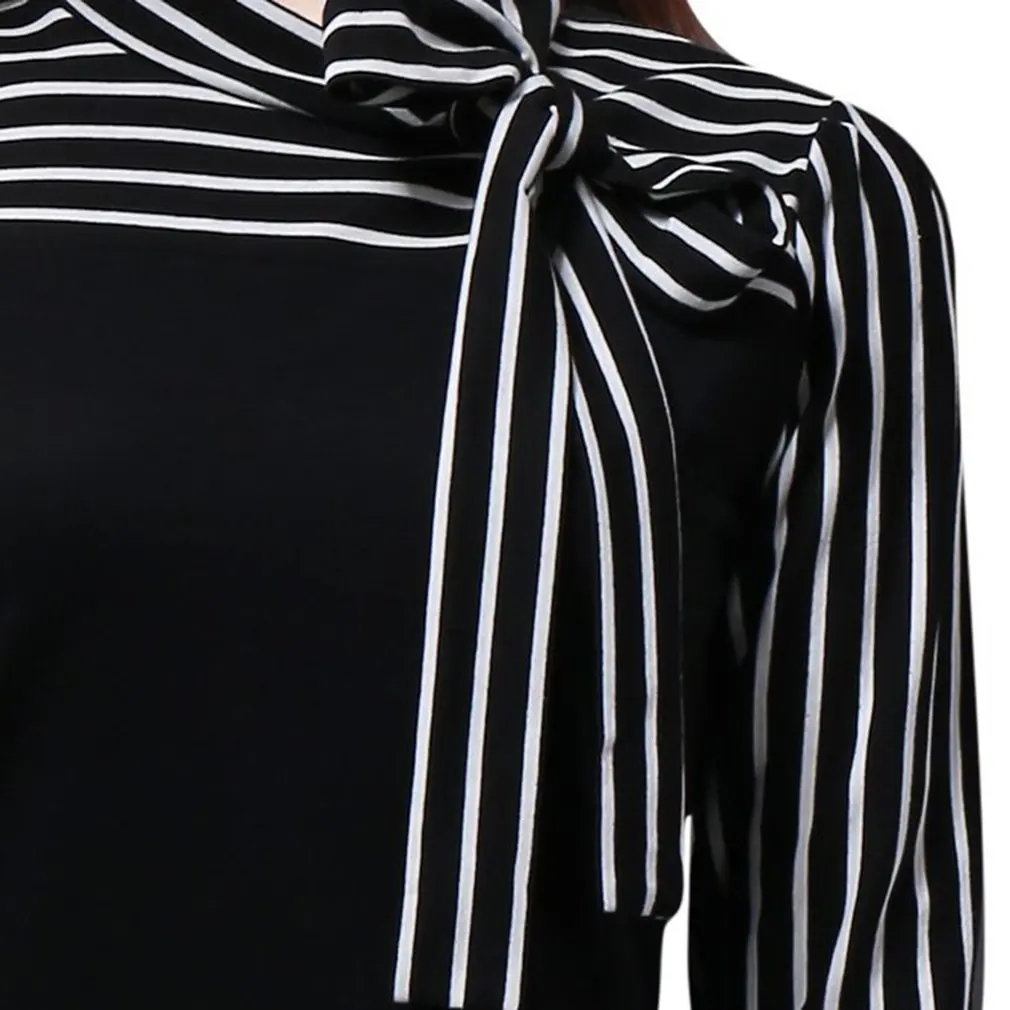 Женская шифоновая блузка в полоску винтажная с бантом и длинным рукавом летний