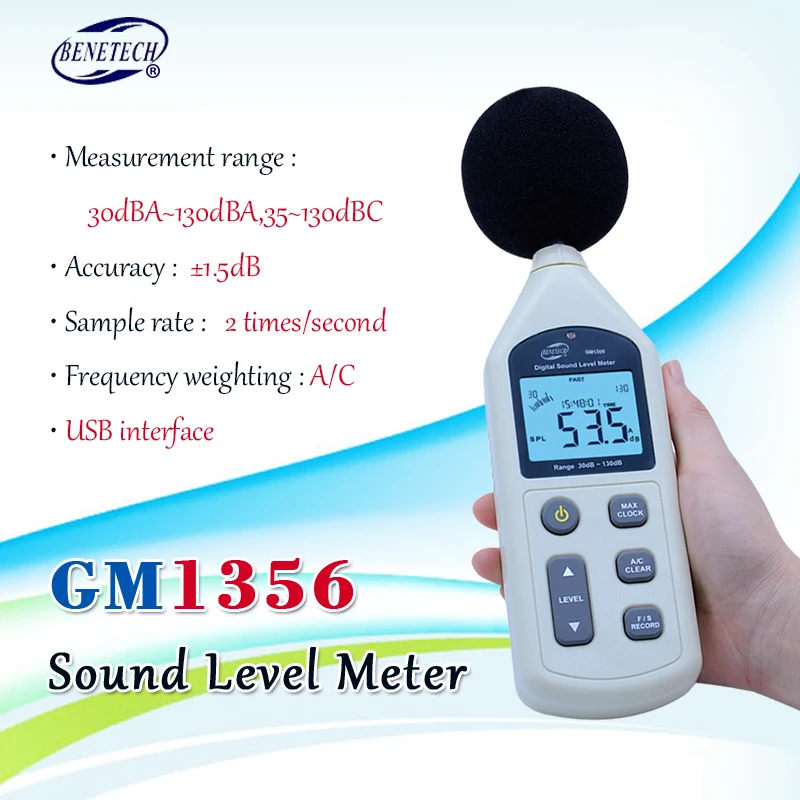 100% оригинал BEBETECH цифровой измеритель уровня звука USB шума GM1356 30 130dB A/C