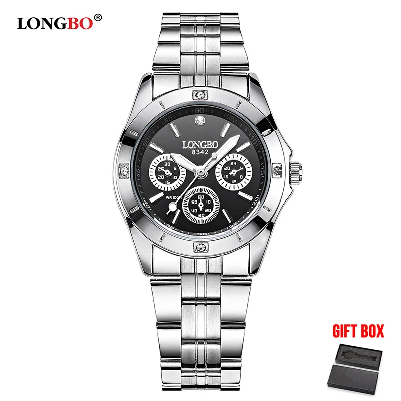 Black Lady with Box LONGBO Брендовые спортивные военные наручные часы пара из нержавеющей стали Кварцевые часы мужские часы для отдыха Relogio Masculino - Цвет: Black Lady with Box