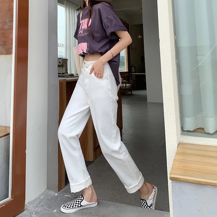 

2021 Spring Casual Women White Mom Jeans High Waist Wide Leg Straight Casual Female Denim Ankle Jeans